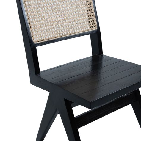 Silla de teca negra con respaldo de rattan natural 82x46x48 cm-3