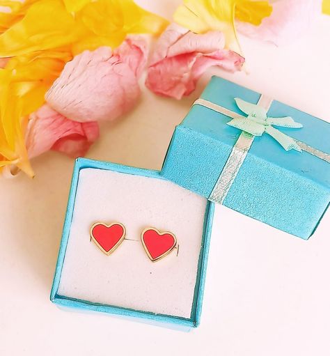 Aros Abridores Presión Corazón Rojo Chapados En Oro 18k -1