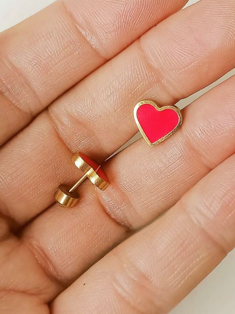 Aros Abridores Presión Corazón Rojo Chapados En Oro 18k -7