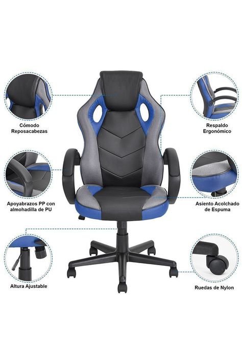 Silla Gamer Pu Flow Ergonómica Escritorio Azul-4