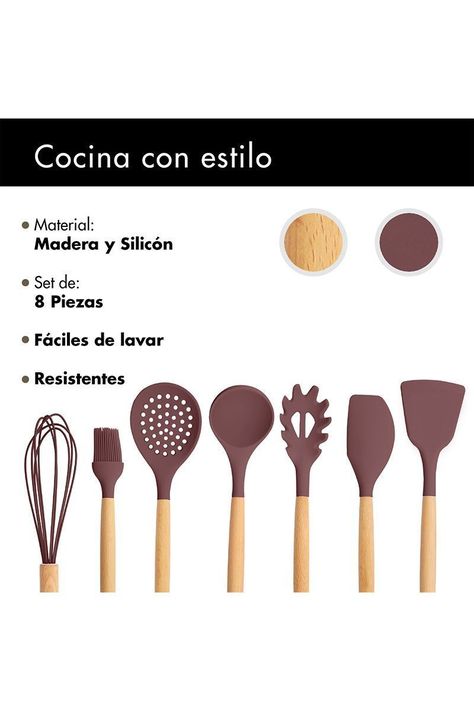 Set de Utensilios de Cocina Silicona Madera Café-3