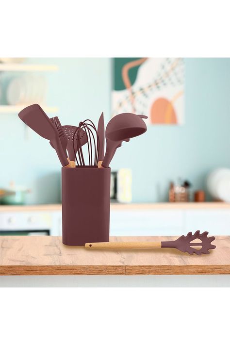 Set de Utensilios de Cocina Silicona Madera Café-5
