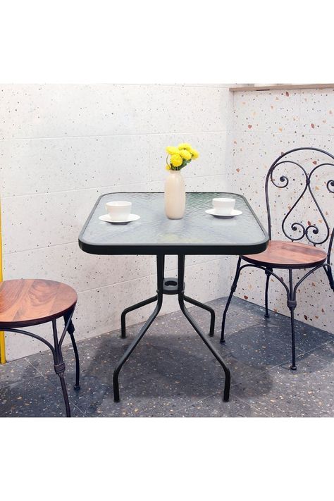 Mesa de Terraza de Vidrio y Acero Cuadrada Negro-1