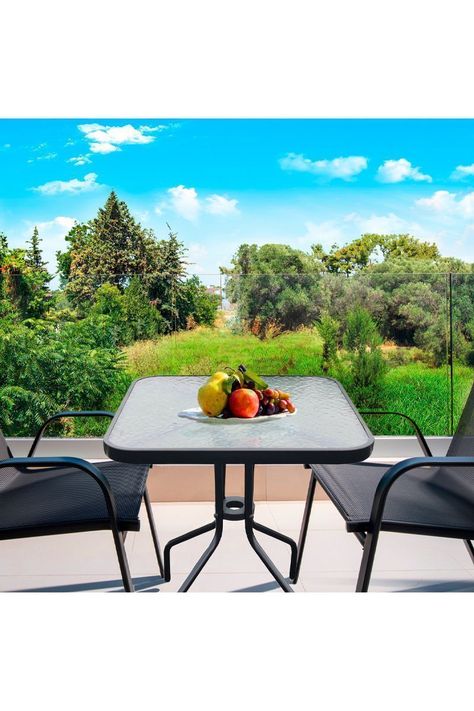 Mesa de Terraza de Vidrio y Acero Cuadrada Negro-5