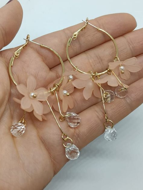 Aros pendientes largos flores Rosa pétalos primaveral-3