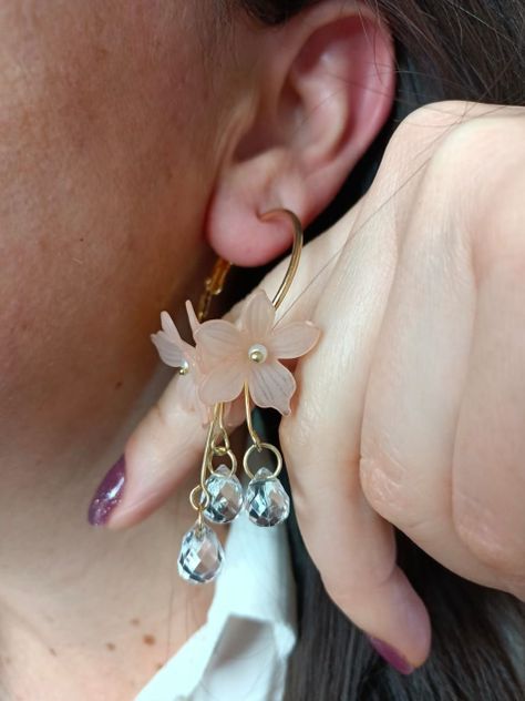 Aros pendientes largos flores Rosa pétalos primaveral-1