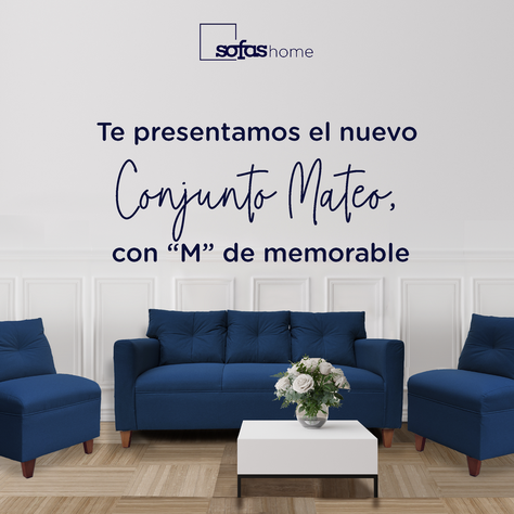 Juego Living Mateo Chenille Azul Pata Madera 3C.1C.1C-3