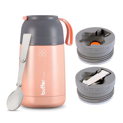 Termo Comida y Liquido Buffer Multiproposito 630ml +Cuchara Gris Rosado-0