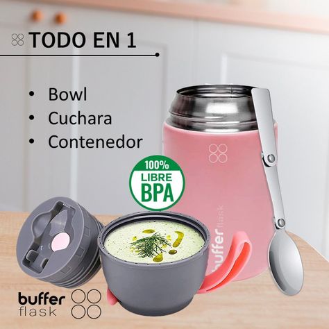 Termo Comida y Liquido Buffer Multiproposito 630ml +Cuchara Gris Rosado-3