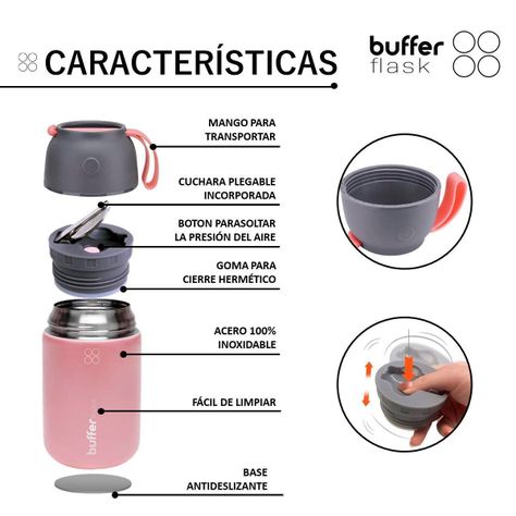 Termo Comida y Liquido Buffer Multiproposito 630ml +Cuchara Gris Rosado-4