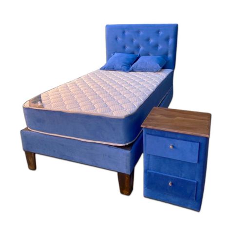 Cama Americana 1P+ Colchon de Resorte + Respaldo Azul Rey+ Velador+Cojin Pmadera-0