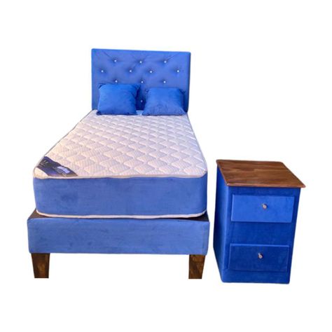 Cama Americana 1P+ Colchon de Resorte + Respaldo Azul Rey+ Velador+Cojin Pmadera-1