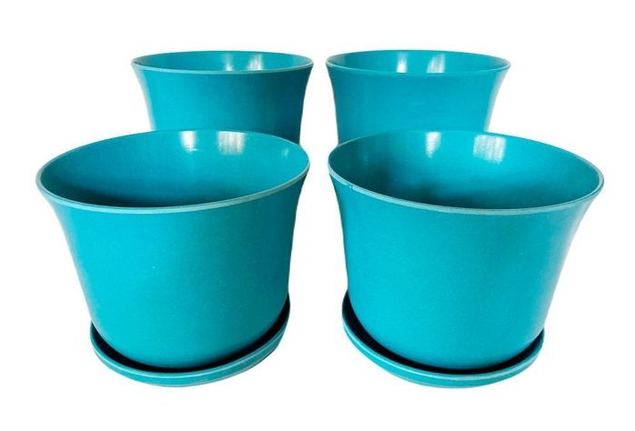 SET 4 MACETA BIO CURVO TURQUESA C/PLATO 16,5X13-0
