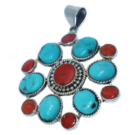 Colgante Turquesa y Coral Rojo en Plata-0