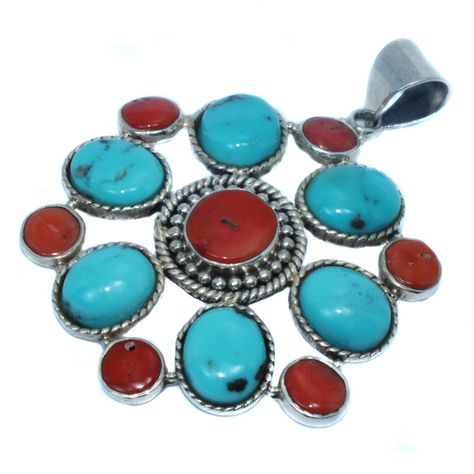 Colgante Turquesa y Coral Rojo en Plata-1