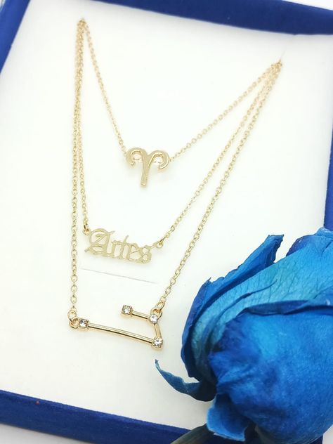 Collar Multicapa 3 En 1 Colgantes Zodiaco Aries Constelaciones baño de oro -3