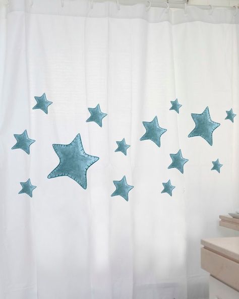 CORTINA BAÑO ALGODÓN ESTRELLAS TURQUESAS-1
