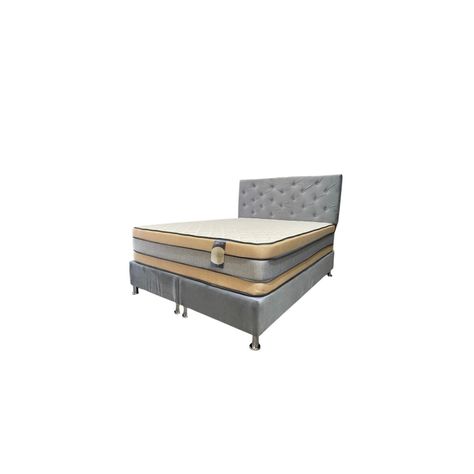 Cama Americana Titan 2P + Colchon de resortes + Respaldo Gris Felpa Pmetal-2