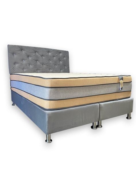 Cama Americana Titan 2P + Colchon de resortes + Respaldo Gris Felpa Pmetal-0