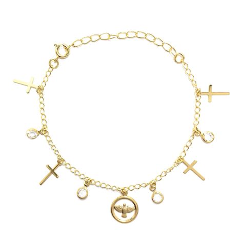 Pulsera Cruz Circón Espíritu Santo Enchapado Oro 18K-0