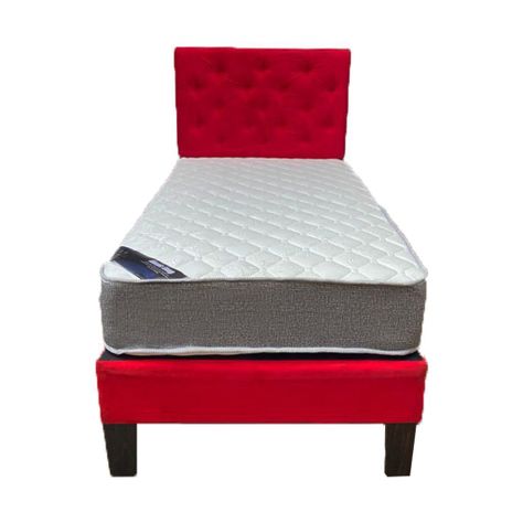 Cama Americana 1P + Colchon de resortes + Respaldo Rojo Felpa Pmadera-1