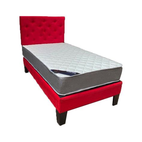 Cama Americana 1P + Colchon de resortes + Respaldo Rojo Felpa Pmadera-0