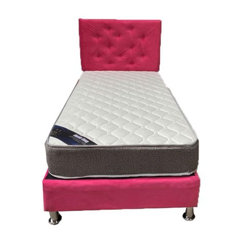 Cama Americana 1.5P + Colchon de resortes + Respaldo Rosado Felpa Pmetal-1