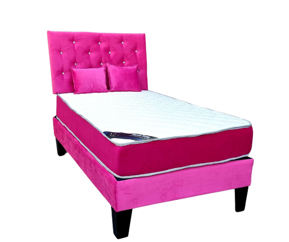 Cama Americana 1.5P + Colchon de resortes + Respaldo Fucsia-0