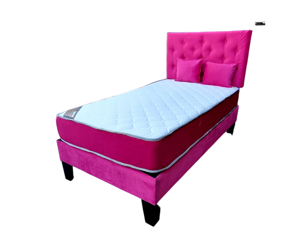 Cama Americana 1.5P + Colchon de resortes + Respaldo Fucsia-1
