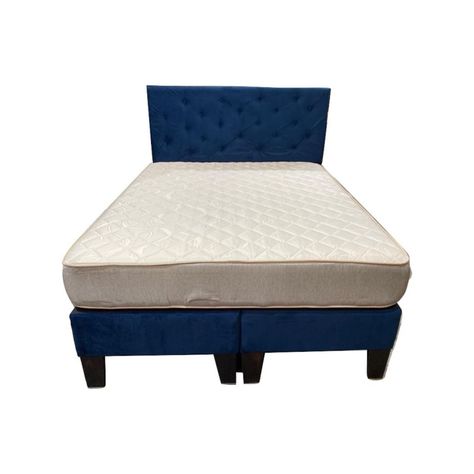Cama Americana 2P + Colchon de resortes + Respaldo Azul Felpa Pmadera-1