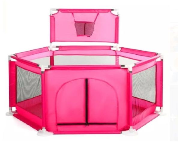 CORRAL DE  SEGURIDAD EXAGONAL CON ARO BASKETBALL PARA BEBES ROSADO-0