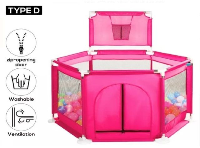 CORRAL DE  SEGURIDAD EXAGONAL CON ARO BASKETBALL PARA BEBES ROSADO-1
