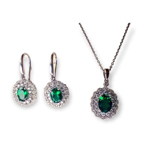 Conjunto collar con dije y aros Esmeralda Plata S925-0