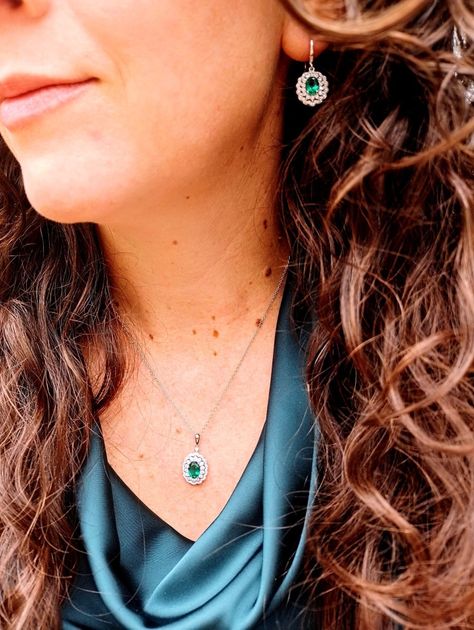 Conjunto collar con dije y aros Esmeralda Plata S925-6