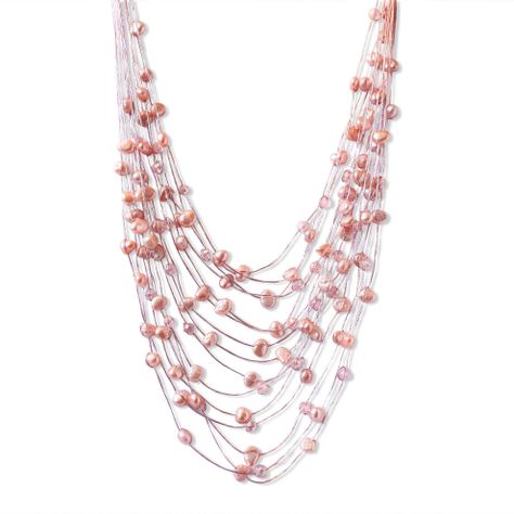 Collar Perlas de Río Rosada Cristales Cordones Seda-0