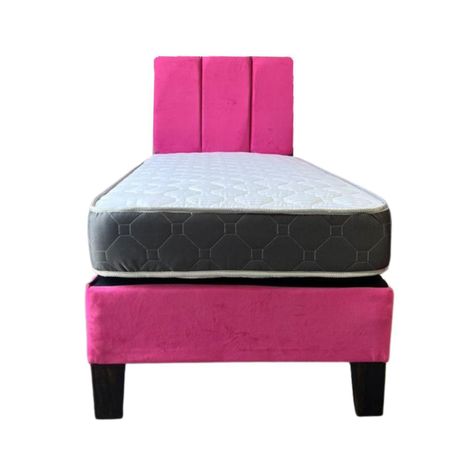 Cama Americana 1P + Colchon de resortes + Respaldo Fucsia Tubular Felpa Pmadera-3