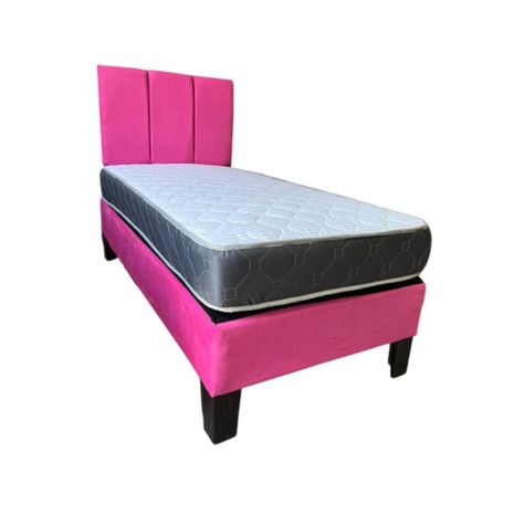 Cama Americana 1P + Colchon de resortes + Respaldo Fucsia Tubular Felpa Pmadera-4