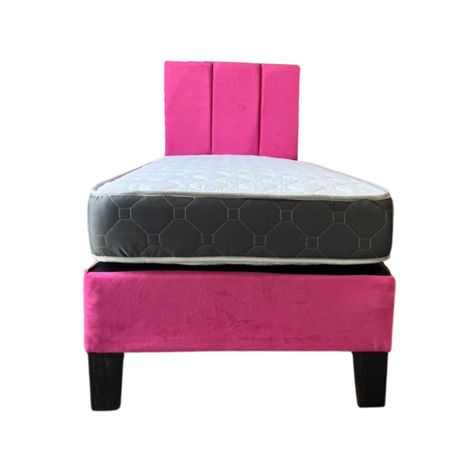 Cama Americana 1P + Colchon de resortes + Respaldo Fucsia Tubular Felpa Pmadera-1