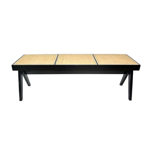 Banca Levin de madera color negro y rattan-4