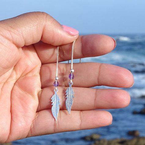 Aros De Plata 925 Plumas Con Cristal Violeta - MABELITA-2