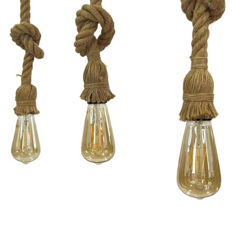 Lámpara Colgante Madera Con Cáñamo Tres Luces E-27-1
