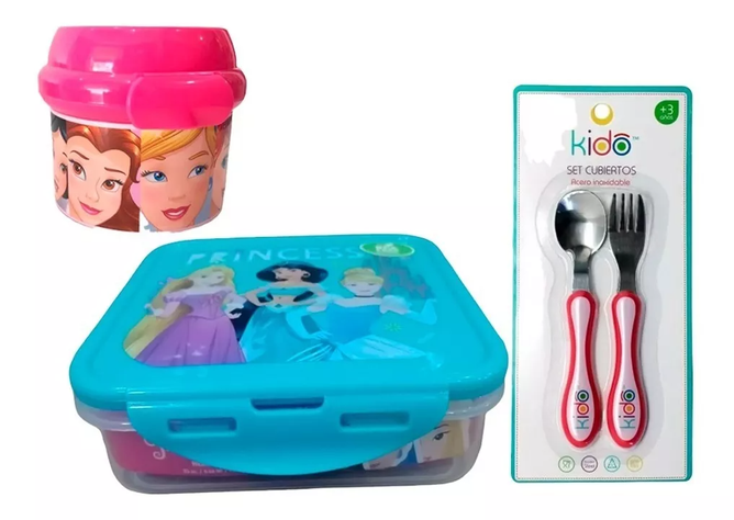 Set Plato + Bowl + Vaso + Cucharas + Porta Snack Princesas-0