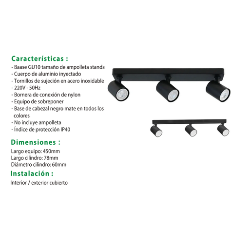 Foco Sobrepuesto 3XGU10 Dirigible Abit Negro-5