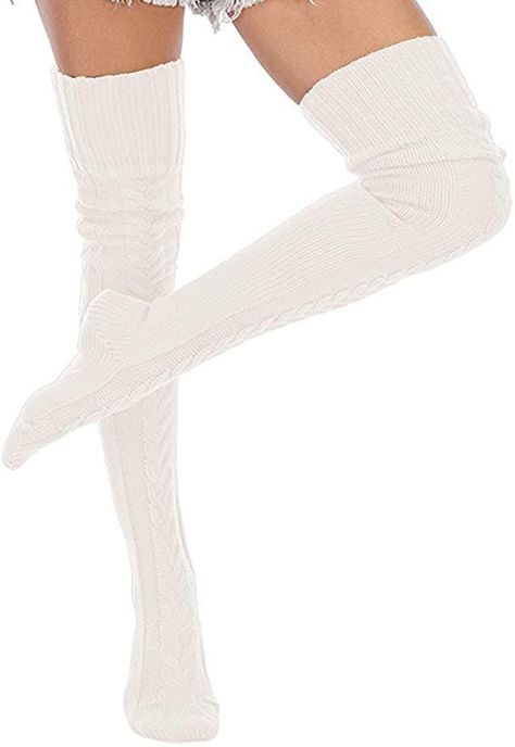 Calcetas Invierno tejidas encima de Rodilla BLANCO-5