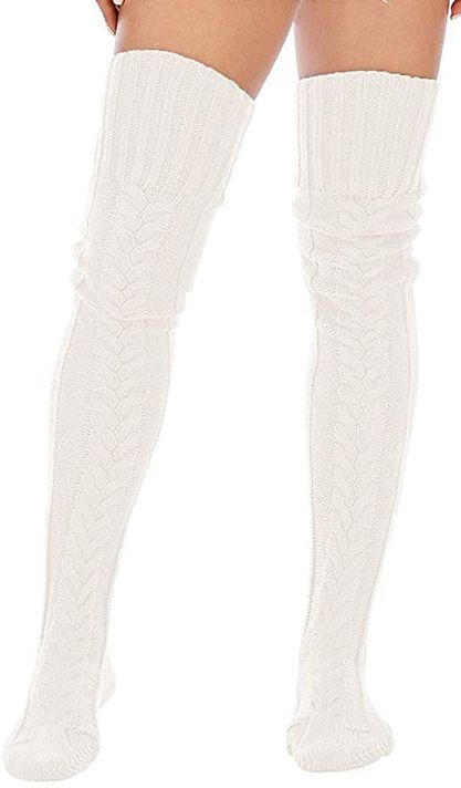 Calcetas Invierno tejidas encima de Rodilla BLANCO-3