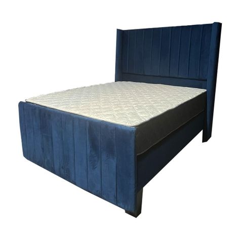 Cama Americana Full + Colchon de resortes + Respaldo Azul Oscuro Felpa Tubular2 Pmadera-0