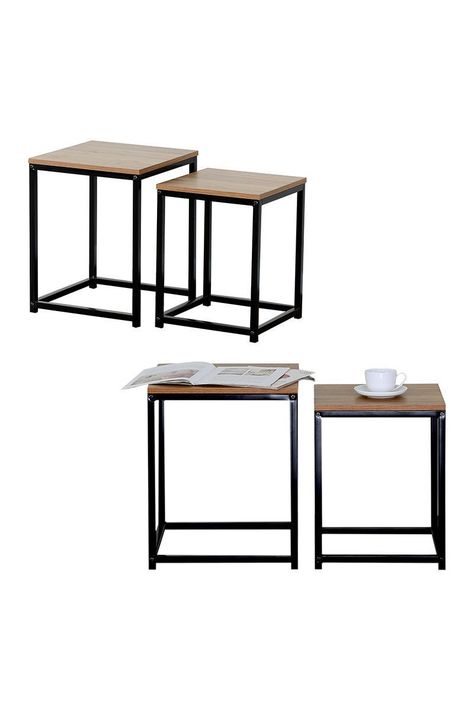 Set Mesas Laterales Auxiliares Industrial Café-3