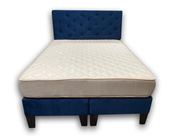 Cama Americana Full BD + Colchon de Resorte + Respaldo  Felpa Azul Marino Pmadera-1