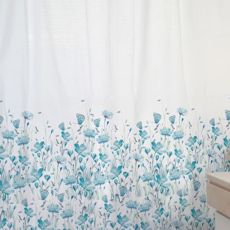 CORTINA DE BAÑO ALGODÓN FLORCITAS Y MARIPOSAS TURQUESA-1