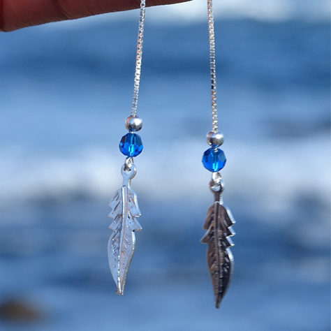 Aros De Plata 925 Plumas Con Cristal Azul - MABELITA-1